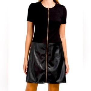 NWT Ellen Tracy Black Short Sleeve Zipper Dress with Faux Leather on the bottom.